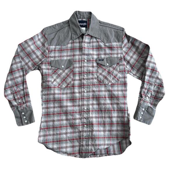 Vintage Wrangler Brushpopper Shirt Mens M Plaid Pearl Snap Western Cowboy Gray - Picture 2 of 7